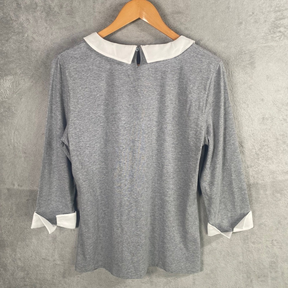 Garnet Hill Gray Embroidered Peter Pan Collar 3/4 Sleeve Knit Top Larg Preppy - Picture 4 of 8